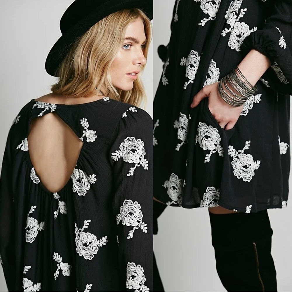 Free People • Embroidered Austin Mini Dress black cream floral flowy swing Emma - Picture 7 of 16